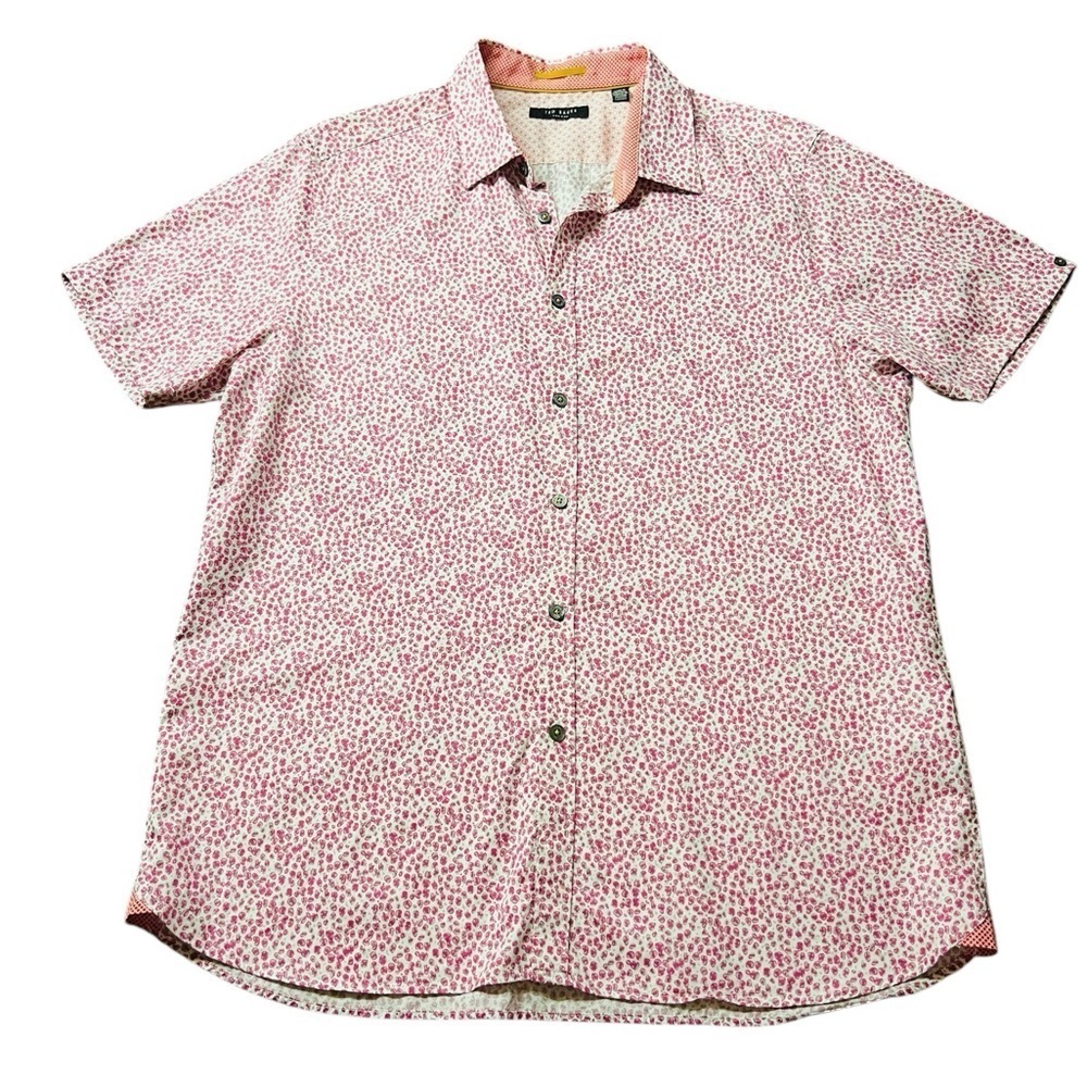 TED BAKER MEN’S SHORT SLEEVE BUTTON DOWN SHIRT ABSTRACT PATTERN PINK & WHITE